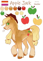 Size: 1920x2695 | Tagged: safe, artist:king-victor, derpibooru import, part of a set, applejack, earth pony, pony, g4, alternate cutie mark, alternate design, alternate universe, apple, applejack's hat, blaze (coat marking), blonde mane, blonde tail, coat markings, color palette, colored, colored belly, colored eyebrows, colored eyelashes, colored hooves, colored muzzle, colored pinnae, colored pupils, countershading, cowboy hat, cutie mark, description at source, deviantart watermark, facial markings, female, flat colors, food, green eyelashes, green pupils, hair tie, hat, hooves, image, lesbian pride flag, long mane, long tail, looking at you, looking back, mare, mealy mouth (coat marking), obtrusive watermark, orange hooves, orange text, pale belly, pale muzzle, png, ponytail, pride, pride flag, profile, raised hoof, redesign, simple background, smiling, socks (coat marking), solo, spots, standing on three hooves, sternocleidomastoid, stetson, straw in mouth, striped mane, striped tail, tail, tail tie, tail wrap, three quarter view, tied mane, tied tail, transbian pride flag, transparent background, twitterina design, unshorn fetlocks, watermark