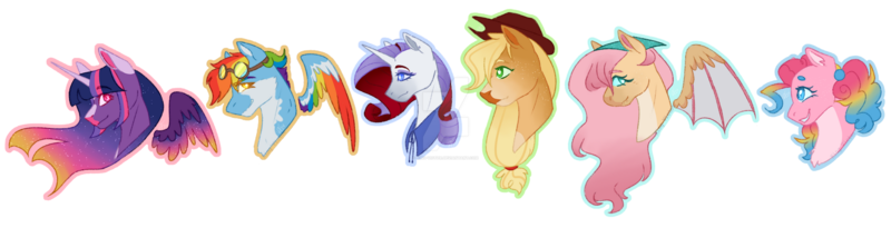 Size: 1765x453 | Tagged: safe, artist:king-victor, derpibooru import, alicorn, earth pony, pegasus, pony, unicorn, alternate design, bust, deviantart watermark, horn, image, obtrusive watermark, outline, png, simple background, solo, transparent background, twitterina design, watermark