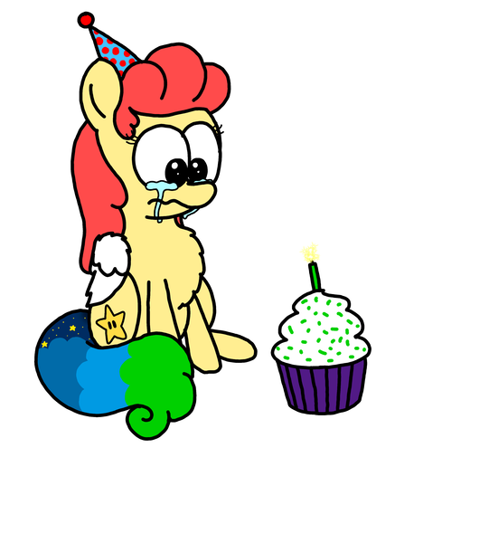 Size: 3023x3351 | Tagged: safe, artist:professorventurer, derpibooru import, oc, oc:power star, pegasus, pony, birthday, birthday cake, cake, chest fluff, crying, cupcake, cute, female, food, hat, image, mare, party hat, png, rule 85, sad, sadorable, super mario 64, super mario bros.