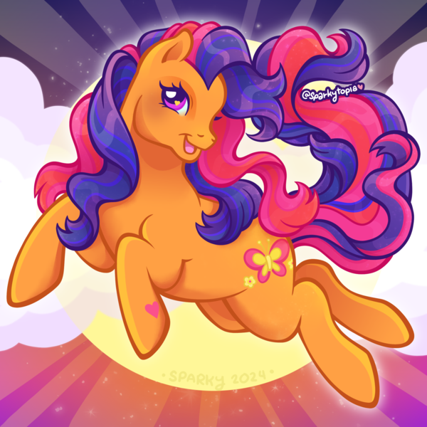 Size: 2400x2400 | Tagged: safe, artist:sparkytopia, derpibooru import, scootaloo (g3), earth pony, pony, g3, female, image, looking at you, mare, orange coat, png, purple mane, signature, solo, sunset