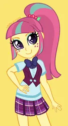 Size: 600x1113 | Tagged: safe, artist:leopardsnaps, derpibooru import, sour sweet, equestria girls, g4, bowtie, clothes, crystal prep academy uniform, freckles, hand on hip, image, necktie, png, ponytail, school uniform, shirt, simple background, skirt, smiling, solo, undershirt, vest, yellow background