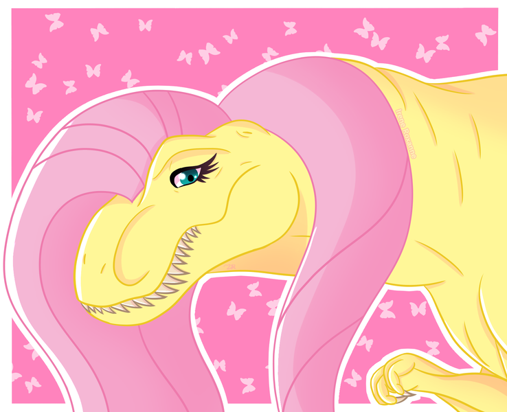 Size: 1600x1300 | Tagged: safe, artist:ireneroxanne666, derpibooru import, fluttershy, dinosaur, tyrannosaurus rex, dinosaurified, female, fluttersaurus rex, image, png, solo, species swap