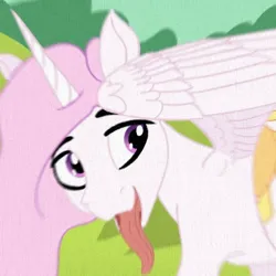 Size: 440x440 | Tagged: safe, artist:kujivunia, derpibooru import, edit, princess celestia, alicorn, princess molestia, cropped, cutie mark, distortion, fixed, horn, image, jpeg, long tongue, pink mane, smiling, solo, spread wings, tongue out, wings