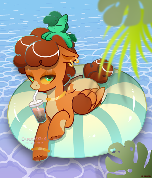 Size: 1775x2075 | Tagged: safe, artist:scarffist, derpibooru import, oc, unofficial characters only, pegasus, pony, base used, commission, curly mane, curly tail, derpibooru exclusive, drink, drinking, ear piercing, earring, green eyes, image, jewelry, leaves, ocean, piercing, plushie, png, relaxing, solo, tail, toy, water, ych result