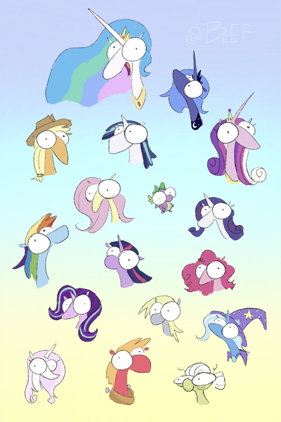 Size: 1365x2048 | Tagged: safe, artist:me-beef, derpibooru import, applejack, big macintosh, derpy hooves, fleur-de-lis, fluttershy, granny smith, pinkie pie, princess cadance, princess celestia, princess luna, rainbow dash, rarity, shining armor, spike, starlight glimmer, trixie, twilight sparkle, twilight sparkle (alicorn), alicorn, dragon, earth pony, pegasus, pony, unicorn, g4, big eyes, bug eyes, bust, female, gradient background, horn, image, male, mane seven, mane six, mare, png, s1 luna, stallion