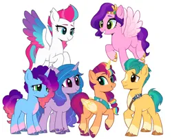 Size: 3508x2835 | Tagged: safe, artist:xiaowu07, derpibooru import, hitch trailblazer, izzy moonbow, pipp petals, sunny starscout, zipp storm, alicorn, earth pony, pegasus, pony, unicorn, g4, g5, my little pony: a new generation, applejack (g5), artificial horn, artificial wings, augmented, female, fluttershy (g5), g5 to g4, generation leap, horn, image, magic, magic horn, magic wings, male, mane five, mane six (g5), mane stripe sunny, mare, misty brightdawn, pinkie pie (g5), png, race swap, rainbow dash (g5), rarity (g5), rebirth misty, stallion, sunnycorn, twilight sparkle (g5), wings