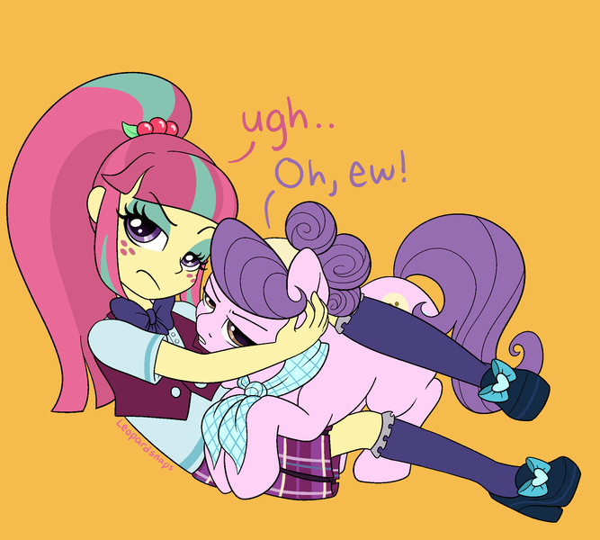 Size: 2000x1800 | Tagged: safe, artist:leopardsnaps, derpibooru import, sour sweet, suri polomare, earth pony, human, pony, equestria girls, g4, angry, bowtie, clothes, dialogue, disgusted, duo, eyeshadow, female, freckles, frown, hug, hugging a pony, human on pony snuggling, image, kneesocks, looking at you, makeup, mare, necktie, orange background, png, ponytail, scarf, shirt, shoes, simple background, skirt, snuggling, socks, talking to viewer, undershirt, vest