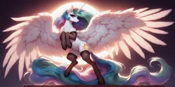 Size: 2048x1024 | Tagged: safe, ai content, derpibooru import, machine learning generated, princess celestia, alicorn, pony, g4, chest fluff, clothes, ear fluff, feathered wings, female, image, large wings, long tail, mare, png, raised hoof, smiling, socks, solo, spread wings, sun, tail, thigh highs, wings