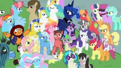 Size: 1280x720 | Tagged: safe, artist:pbanimation0, derpibooru import, aloe, angel bunny, apple bloom, applejack, big macintosh, bon bon, cup cake, derpy hooves, doctor whooves, fluttershy, lotus blossom, lyra heartstrings, octavia melody, pinkie pie, princess celestia, princess luna, queen chrysalis, rainbow dash, rarity, scootaloo, spike, sweetie belle, sweetie drops, time turner, trixie, twilight sparkle, twilight sparkle (alicorn), vinyl scratch, zecora, oc, oc:big brian, alicorn, changeling, changeling queen, dragon, earth pony, pegasus, pony, rabbit, unicorn, zebra, banned from equestria daily, g4, animal, blush lines, blushing, cutie mark crusaders, female, filly, foal, food, group photo, horn, image, jpeg, looking at you, male, mane seven, mane six, mare, muffin, royal guard, royal sisters, scarecrow, siblings, sisters, stallion, unicorn twilight