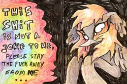 Size: 1200x795 | Tagged: safe, artist:larvaecandy, derpibooru import, derpy hooves, pegasus, pony, g4, big eyes, blonde mane, colored sclera, female, folded wings, gray coat, half body, image, jpeg, lyrics, mare, marker drawing, no mouth, no pupils, raised hoof, raised hooves, scan, shiny mane, solo, song reference, sophiaaaahjkl;8901, spiky mane, text, three quarter view, tongue out, traditional art, vulgar, wingding eyes, wings, yellow eyes, yellow sclera