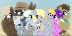 Size: 1280x646 | Tagged: safe, artist:faitheverlasting, artist:liv-and-b-merry, derpibooru import, amethyst star, burnt oak, chipcutter, crackle pop, derpy hooves, dinky hooves, doctor whooves, dumbbell, ms. whirlwind, silver spoon, time turner, earth pony, pegasus, pony, unicorn, g4, amelia airhoof, aunt and nephew, aunt and niece, bowtie, brother and sister, brother in law, brothers, bunny ears (gesture), clothes, cloven hooves, colt, cousins, deviantart watermark, family, family photo, father and child, father and daughter, father and son, female, filly, foal, glasses, grin, group shot, headcanon, headcanon in the description, horn, image, jewelry, jpeg, looking at each other, looking at someone, looking sideways, male, mare, mother and child, mother and daughter, mother and son, necklace, necktie, obtrusive watermark, offspring, one eye closed, open mouth, open smile, parent:derpy hooves, parent:doctor whooves, parents and child, parents:burntwind, parents:doctorderpy, pearl necklace, raised hoof, scarf, ship:burntwind, ship:doctorderpy, shipping, siblings, sister in law, sisters, smiling, stallion, straight, tongue out, uncle and nephew, uncle and niece, unshorn fetlocks, watermark