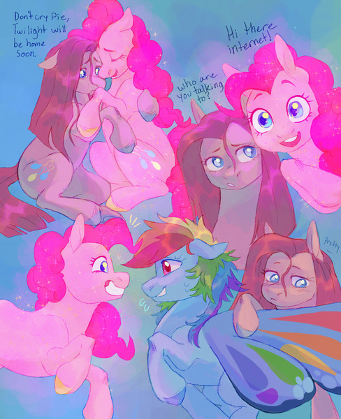 Size: 1300x1600 | Tagged: safe, artist:abbytabbys, derpibooru import, pinkie pie, rainbow dash, butterfly, butterfly pony, earth pony, hybrid, insect, pegasus, pony, g4, alternate universe, blue pupils, blue text, blush lines, blushing, breaking the fourth wall, colored eyebrows, colored hooves, colored pupils, comforting, crying, curly mane, curly tail, dialogue, duality, duo focus, emanata, eyelashes, eyes closed, facing you, female, floppy ears, glimmer wings, glow, glowing body, glowing mane, glowing tail, grin, hoof on back, hooves, image, implied twilight sparkle, jpeg, looking at each other, looking at someone, looking at you, mare, mismatched hooves, multicolored hair, multicolored hooves, multicolored mane, multiple angles, nervous, nervous grin, open mouth, open smile, pink coat, pink eyes, pink mane, pink pupils, pink tail, pinkamena diane pie, plewds, profile, rainbow hair, raised hoof, self paradox, self ponidox, shiny eyes, shiny mane, shiny tail, sitting, smiling, smiling at someone, sparkles, sparkly, straight mane, straight tail, tail, talking, three quarter view, trio, trio female, wall of tags, white pupils, wings