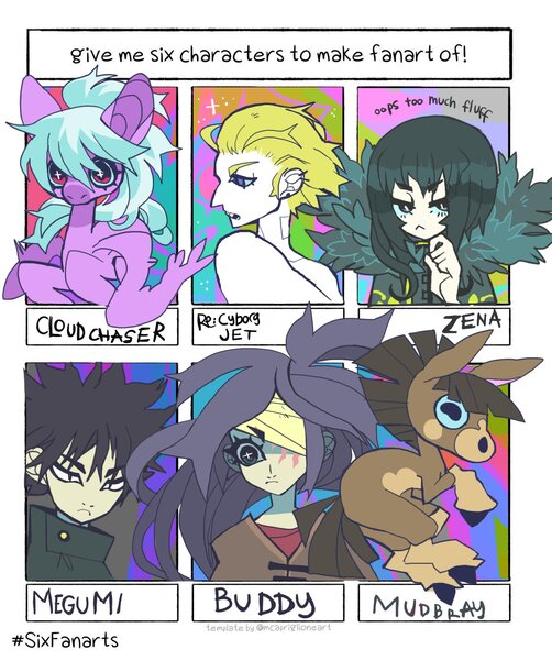 Size: 1280x1529 | Tagged: safe, artist:cutesykill, derpibooru import, cloudchaser, cyborg, donkey, human, pegasus, pony, six fanarts, g4, 009 re:cyborg, bandage, bandaged eye, big ears, big eyes, black hair, black hooves, blonde hair, blue eyes, blue sclera, brown coat, brown mane, brown tail, buddy (lisa rpg), cloak, clothes, coat markings, colored, colored eyebrows, colored muzzle, colored pinnae, colored sclera, dark muzzle, ear piercing, facial markings, facial scar, female, flat colors, foal, folded wings, frown, gakuran, gray eyes, group, hand on chin, helix piercing, image, jet link, jpeg, jujutsu kaisen, library of ruina, light skin, lisa the painful, long mane, looking away, male, mare, mealy mouth (coat marking), megumi fushiguro, mudbray, narrowed eyes, no catchlights, no mouth, pale belly, pale muzzle, piercing, pokémon, poncho, profile, purple coat, purple hair, rectangular pupil, scar, school uniform, sextet, shiny hair, simple background, skirt, socks (coat marking), spiky mane, straight mane, straight tail, tail, teenager, three quarter view, tied hair, two toned mane, unusual pupils, wall of tags, white background, white pupils, wide eyes, wings, zena (library of ruina)