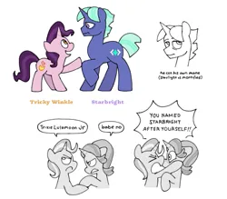 Size: 695x608 | Tagged: safe, artist:driftwoodpony, derpibooru import, starlight glimmer, trixie, pony, unicorn, g4, brother and sister, colt, crossed hooves, female, filly, foal, frown, horn, image, lesbian, magical lesbian spawn, male, mare, offspring, open mouth, open smile, parent:starlight glimmer, parent:trixie, parents:startrix, png, shipping, siblings, simple background, smiling, startrix, white background, yelling