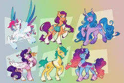 Size: 1606x1080 | Tagged: safe, artist:cerulean-crow, derpibooru import, hitch trailblazer, izzy moonbow, pipp petals, sunny starscout, zipp storm, earth pony, pegasus, pony, unicorn, g5, applejack (g5), beard, cheek fluff, chest fluff, chin fluff, clothes, cloven hooves, coat markings, ear piercing, ear tufts, earring, eyebrow piercing, facial hair, facial markings, female, fetlock tuft, floating heart, fluttershy (g5), flying, gradient background, grin, heart, heart eyes, horn, image, jewelry, looking at you, male, mane five, mane six (g5), mare, misty brightdawn, no pupils, one eye closed, open mouth, open smile, piercing, pinkie pie (g5), png, rainbow dash (g5), raised hoof, rarity (g5), rebirth misty, smiling, smiling at you, socks, spread wings, stallion, standing on two hooves, star (coat marking), starry eyes, twilight sparkle (g5), wing ring, wingding eyes, wings, wink, winking at you