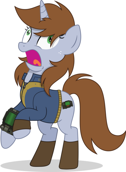 Size: 2531x3450 | Tagged: safe, derpibooru import, oc, oc:littlepip, pony, unicorn, fallout equestria, clothes, horn, image, jumpsuit, open mouth, pipbuck, png, rearing, screaming, simple background, solo, transparent background, vault suit