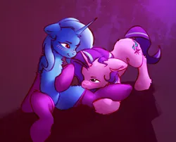 Size: 2097x1691 | Tagged: suggestive, artist:itssim, derpibooru import, starlight glimmer, trixie, pony, unicorn, g4, blush lines, blushing, clothes, duo, duo female, female, horn, image, jpeg, lesbian, mare, shipping, socks, startrix, tail