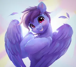 Size: 1914x1689 | Tagged: oc name needed, safe, artist:itssim, derpibooru import, oc, unofficial characters only, pegasus, pony, blush lines, blushing, cheek fluff, chest fluff, commission, feather, fluffy, grin, image, jpeg, looking at you, male, pegasus oc, smiling, smiling at you, solo, spread wings, stallion, wings