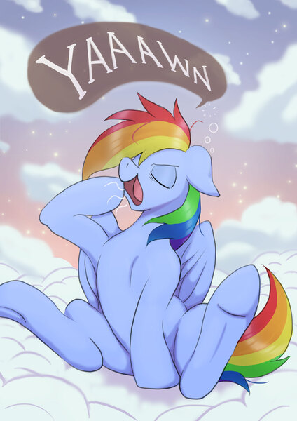 Size: 2480x3508 | Tagged: safe, artist:neoshrek, derpibooru import, rainbow dash, pegasus, pony, cloud, female, image, jpeg, mare, sitting, solo, underhoof, yawn