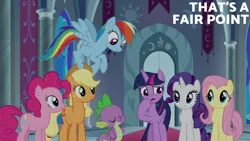 Size: 2000x1125 | Tagged: safe, derpibooru import, edit, edited screencap, editor:quoterific, screencap, applejack, fluttershy, pinkie pie, rainbow dash, rarity, spike, twilight sparkle, g4, the beginning of the end, image, mane six, png