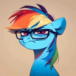 Size: 736x736 | Tagged: prompter needed, safe, ai content, derpibooru import, machine learning generated, rainbow dash, pony, bust, glasses, image, jpeg, looking at you, portrait, rainbow dash is not amused, unamused