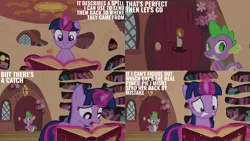 Size: 2000x1125 | Tagged: safe, derpibooru import, edit, edited screencap, editor:quoterific, screencap, spike, twilight sparkle, dragon, pony, unicorn, g4, season 3, too many pinkie pies, duo, duo male and female, female, golden oaks library, horn, image, library, male, png, unicorn twilight, wingless spike