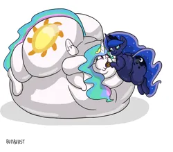 Size: 1754x1540 | Tagged: safe, artist:bun_burst, derpibooru import, princess celestia, princess luna, alicorn, pony, g4, belly, big belly, blob, blobface, chubby, fat, feedee, feeder, feeding, image, obese, png, stuffing