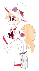 Size: 1630x2940 | Tagged: safe, artist:scridley-arts, derpibooru import, ponified, earth pony, pony, snake, apple, barely pony related, clothes, crossover, cutie mark, food, hat, hazbin hotel, hellaverse, image, lucifer magne, lucifer morningstar, lucifer morningstar (hazbin hotel), male, png, simple background, smiling, solo, stallion, top hat