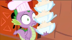 Size: 1280x720 | Tagged: safe, artist:poniesmeme20, derpibooru import, edit, edited screencap, screencap, spike, dragon, g4, just for sidekicks, season 3, chef's hat, frown, hat, image, jpeg, male, solo, wat, wide eyes