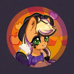 Size: 2277x2277 | Tagged: safe, artist:lenori, derpibooru import, applejack, earth pony, pony, g4, alternate accessories, alternate hairstyle, badge, clothes, dyed mane, ear piercing, earring, female, gloves, grin, image, jewelry, makeup, mare, piercing, png, ponymania, punk, scarf, smiling