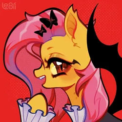 Size: 1280x1280 | Tagged: safe, artist:lenori, derpibooru import, fluttershy, bat pony, pony, g4, bat ponified, bite mark, clothes, fangs, female, flutterbat, hairpin, image, makeup, mare, png, race swap, ruffled shirt, simple background