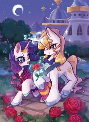 Size: 1854x2553 | Tagged: safe, artist:lenori, derpibooru import, prince blueblood, rarity, pony, unicorn, g4, the best night ever, blushing, bowtie, clothes, dress, duo, female, flower, gala dress, glass slipper (footwear), grand galloping gala, heart, heart eyes, high heels, horn, image, jewelry, male, mare, necktie, png, rose, shoes, smiling, stallion, suit, tiara, tuxedo, wingding eyes