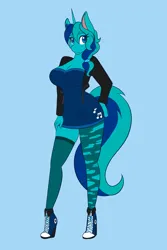 Size: 1365x2048 | Tagged: safe, artist:mscolorsplash, derpibooru import, oc, oc:rocky blues, oc:roxyanne lullaby, unofficial characters only, anthro, pony, unicorn, blue background, breasts, cleavage, clothes, commissioner:legionofblues, dress, female, horn, image, jacket, jpeg, mare, minidress, music notes, ponytail, ripped stockings, rule 63, short dress, simple background, socks, solo, stockings, strapless dress, thigh highs, torn clothes, unicorn oc