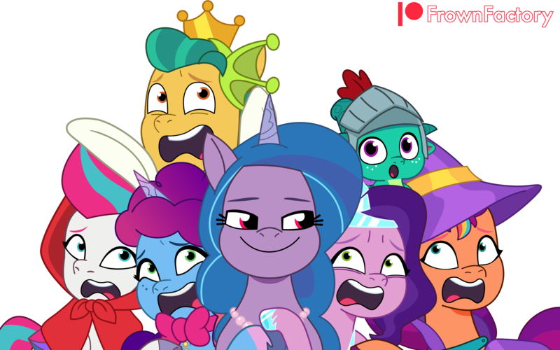 Size: 4000x2502 | Tagged: safe, artist:frownfactory, derpibooru import, hitch trailblazer, izzy moonbow, pipp petals, sparky sparkeroni, sunny starscout, zipp storm, earth pony, pegasus, pony, unicorn, g5, my little pony: tell your tale, bow, bunny ears, crown, dc comics, female, hat, horn, image, jewelry, knight helmet, male, mare, misty brightdawn, open mouth, png, rebirth misty, red hood, regalia, shocked, simple background, smiling, stallion, transparent background, vector, wizard hat