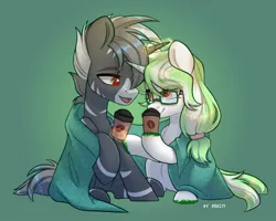 Size: 2048x1638 | Tagged: safe, artist:shelti, ponerpics import, oc, unofficial characters only, pony, blushing, coffee, duo male and female, female, glasses, image, jpeg, looking at each other, male, mare, stallion