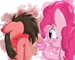 Size: 1250x1000 | Tagged: safe, artist:ace play, derpibooru import, pinkie pie, oc, oc:ace play, earth pony, pony, g4, blushing, blushing profusely, canon x oc, cheek fluff, covering face, cute, dialogue, duo, ear blush, female, floppy ears, image, jpeg, male, mare, pinkieplay, pointing, shipping, stallion, straight