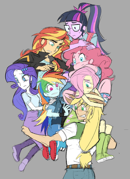 Size: 2000x2739 | Tagged: safe, artist:cranialgrind, derpibooru import, applejack, fluttershy, pinkie pie, rainbow dash, rarity, sci-twi, sunset shimmer, twilight sparkle, human, equestria girls, g4, carrying, equestria girls specials, gray background, holding, holding a human, humane five, humane seven, humane six, humanized, image, my little pony equestria girls: mirror magic, png, simple background