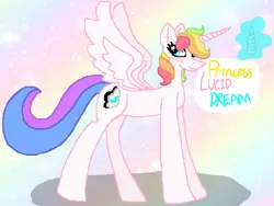 Size: 588x442 | Tagged: safe, artist:proxymitymine, derpibooru import, oc, oc:lucid dream (proxy), unofficial characters only, alicorn, pony, alicorn oc, alicorn wings, burn scar, closed mouth, cyan eyes, description is relevant, female, hair over one eye, horn, image, long horn, mare, mare oc, multicolored background, multicolored hair, multicolored mane, png, pony oc, princess, princess oc, scar, shadow, smiling, solo, wings