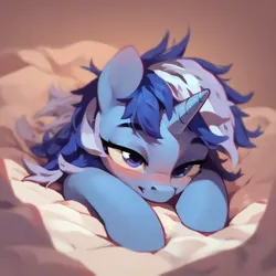 Size: 1024x1024 | Tagged: safe, ai content, derpibooru import, machine learning generated, prompter:jesterofdestiny, stable diffusion, minuette, g4, bed, blanket, blushing, generator:purplesmart.ai, image, lidded eyes, looking at you, messy mane, png, solo