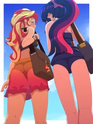 Size: 1200x1600 | Tagged: suggestive, artist:rockset, ponybooru import, sci-twi, sunset shimmer, twilight sparkle, human, equestria girls, ass, blush lines, blushing, bracelet, butt, clothes, cutie mark, cutie mark hair accessory, cutie mark on clothes, duo, from below, humanized, image, jewelry, light skin, looking at you, looking back, looking back at you, one-piece swimsuit, outdoors, png, ponytail, sarong, satchel, sci-twi's beach shorts swimsuit, see-through, shoulder bag, sunset shimmer's beach shorts swimsuit, swimsuit, tankini