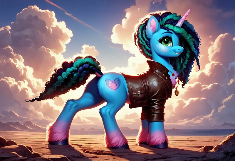 Size: 3072x2112 | Tagged: safe, ai content, derpibooru import, generator:autismmixpony, machine learning generated, prompter:kluknawa235, stable diffusion, pony, unicorn, g5, chest fluff, clothes, cloud, cloudy, dock, ear fluff, female, horn, image, jacket, jewelry, jpeg, land, misty brightdawn, necklace, smiling, solo, tail, unshorn fetlocks