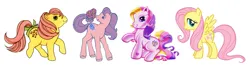 Size: 1998x533 | Tagged: safe, artist:melissapony2003, derpibooru import, edit, fluttershy, fluttershy (g3), posey, earth pony, pegasus, pony, g1, g2, g3, g4, bow, cute, evolution, evolution chart, female, g2 morningdorable, g3 shyabetes, generations, hoof heart, image, mare, morning glory (g2), png, pokémon, poseybetes, shyabetes, simple background, tail, tail bow, underhoof, white background