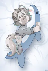 Size: 1830x2695 | Tagged: safe, artist:scarffist, derpibooru import, oc, unofficial characters only, earth pony, pony, shark, bed, clothes, commission, derpibooru exclusive, eyes closed, hug, image, laying on bed, long tail, lying down, on bed, plushie, png, relaxing, shark plushie, short hair, short mane, sleeping, solo, tail, toy, ych result