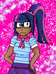 Size: 1536x2048 | Tagged: artist needed, source needed, safe, derpibooru import, sci-twi, twilight sparkle, human, equestria girls, g4, clothes, deviantart, glasses, hand on hip, human coloration, image, moderate dark skin, png, ponytail, solo