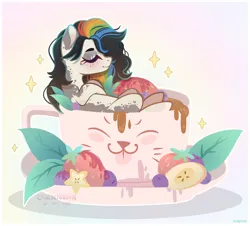 Size: 4200x3800 | Tagged: safe, artist:scarffist, derpibooru import, oc, unofficial characters only, earth pony, pony, base used, berry, blushing, commission, cup, cute, eyes closed, food, fruit, gradient background, image, leaves, long hair, long mane, lying, multicolored hair, png, rainbow hair, relaxing, smiling, solo, sparkles, ych result