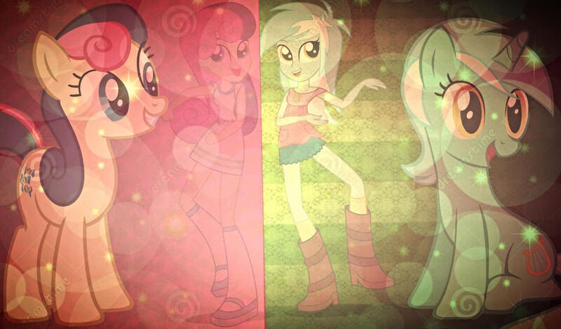 Size: 1024x600 | Tagged: safe, artist:dablackphoenix, derpibooru import, bon bon, lyra heartstrings, sweetie drops, earth pony, human, pony, unicorn, equestria girls, g4, female, horn, image, jpeg, mare, wallpaper