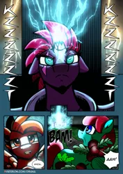 Size: 2481x3508 | Tagged: safe, artist:dsana, derpibooru import, fizzlepop berrytwist, tempest shadow, oc, oc:aunt beet, oc:rust wing, earth pony, pegasus, pony, unicorn, comic:a storm's lullaby, horn, image, png