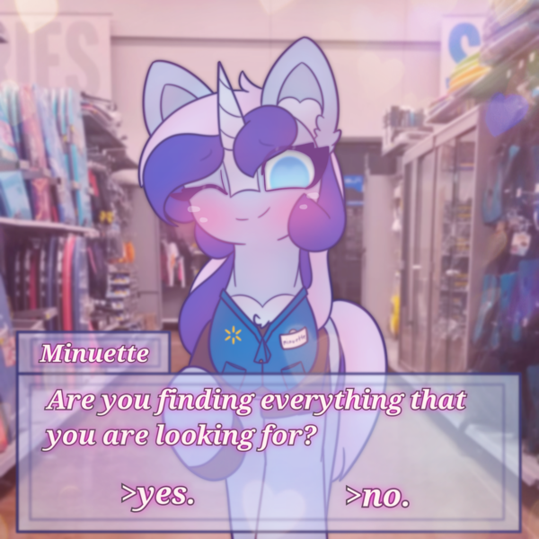 Size: 2664x2664 | Tagged: safe, artist:sodapop sprays, derpibooru import, minuette, pony, unicorn, blushing, clothes, dialogue, dialogue box, horn, image, looking at you, one eye closed, png, solo, walmart, wink