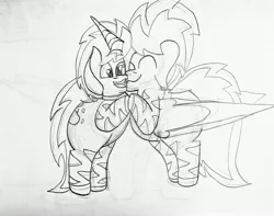 Size: 4402x3472 | Tagged: safe, artist:acid flask, derpibooru import, oc, oc:acid flask, oc:film wheel, unofficial characters only, pegasus, pony, zebra, zebracorn, 2d, brothers, curved horn, cute, duo, folded wings, happy, horn, image, jpeg, large wings, male, siblings, stallion, traditional art, wings, zebra oc