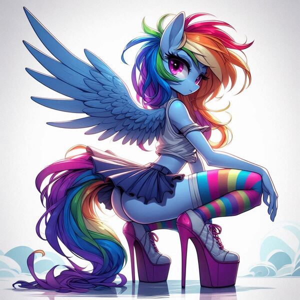 Size: 1024x1024 | Tagged: suggestive, ai content, derpibooru import, machine learning generated, prompter:glimmy-glam, rainbow dash, anthro, g4, ass, butt, clothes, cool, crouching, female, generator:dall-e 3, high heels, image, jpeg, looking at you, microskirt, midriff, panties, platform heels, pose, rainbow socks, shoes, side view, skirt, socks, solo, solo female, striped socks, tail, thigh highs, thigh socks, thighs, thong, torn clothes, underwear, upskirt